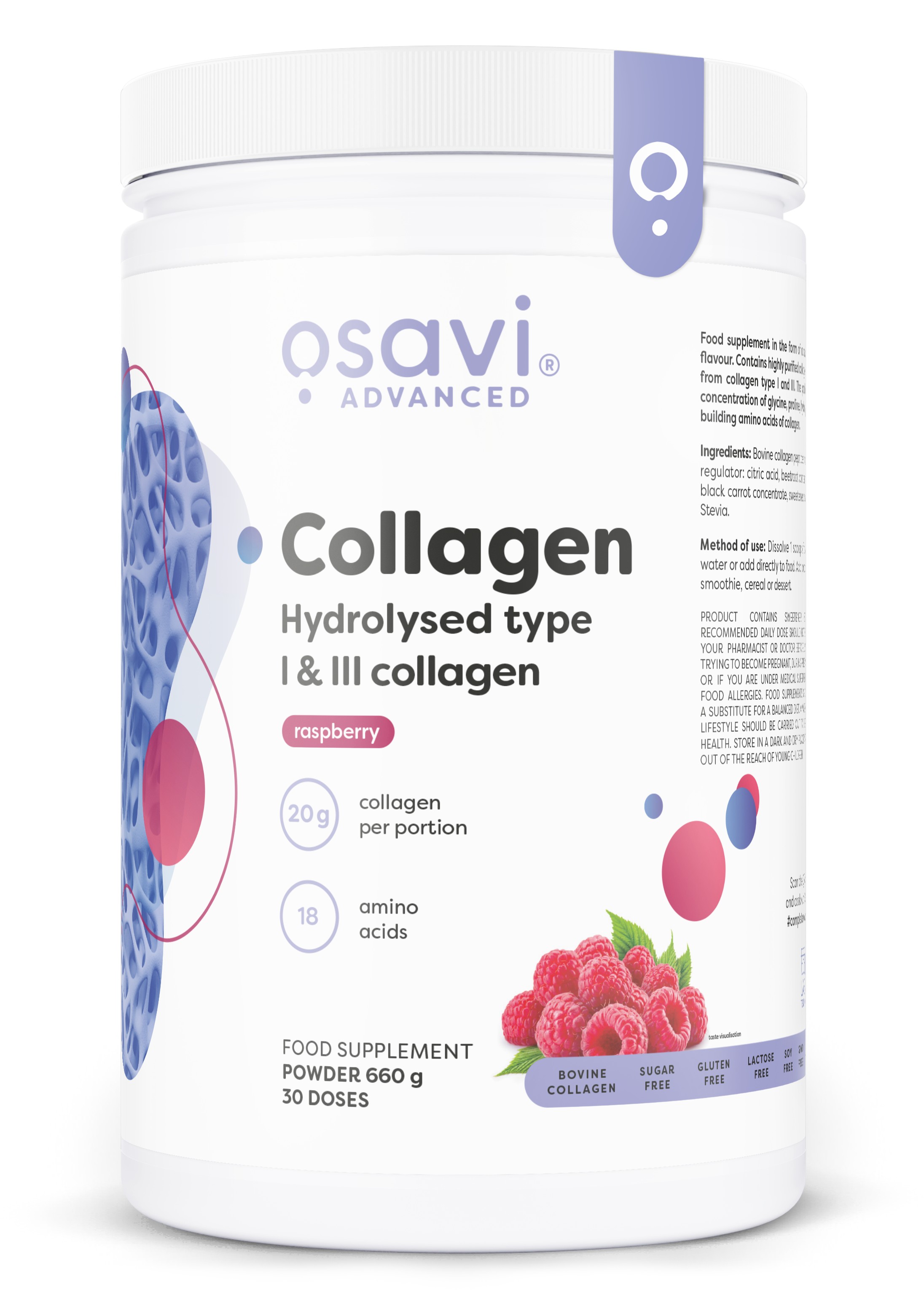 Collagen Hydrolysed Type I & III, Raspberry - 660g