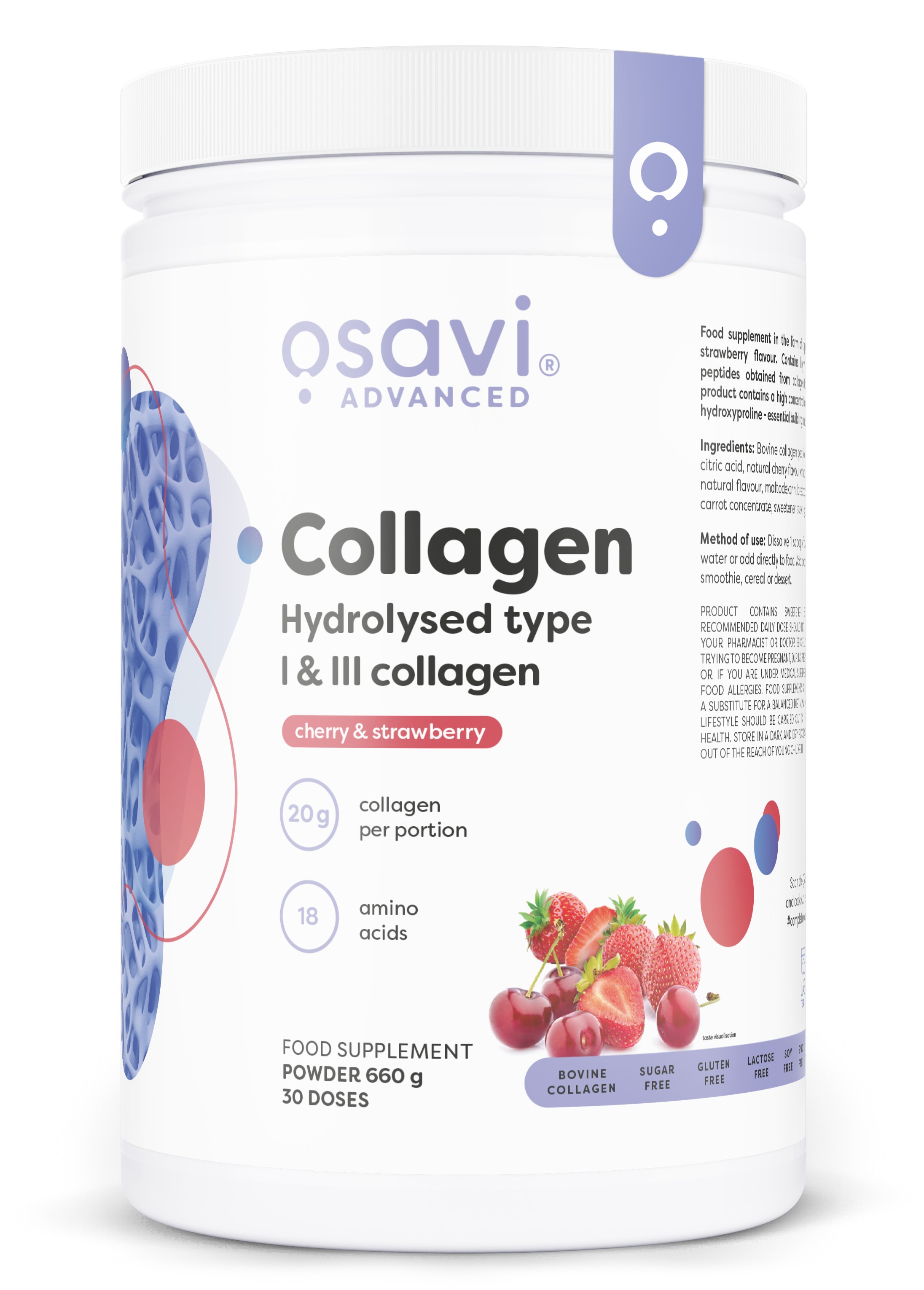 Collagen Hydrolysed Type I & III, Cherry & Strawberry - 660g